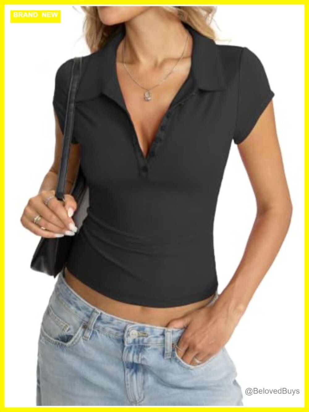 Womens Polo Shirt Cap Sleeve V-Neck Button Placket Slim Fit Business Casual Top